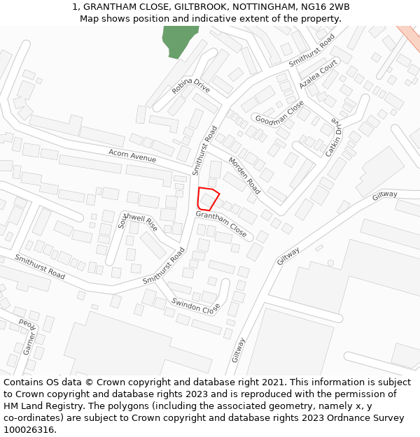 1, GRANTHAM CLOSE, GILTBROOK, NOTTINGHAM, NG16 2WB: Location map and indicative extent of plot