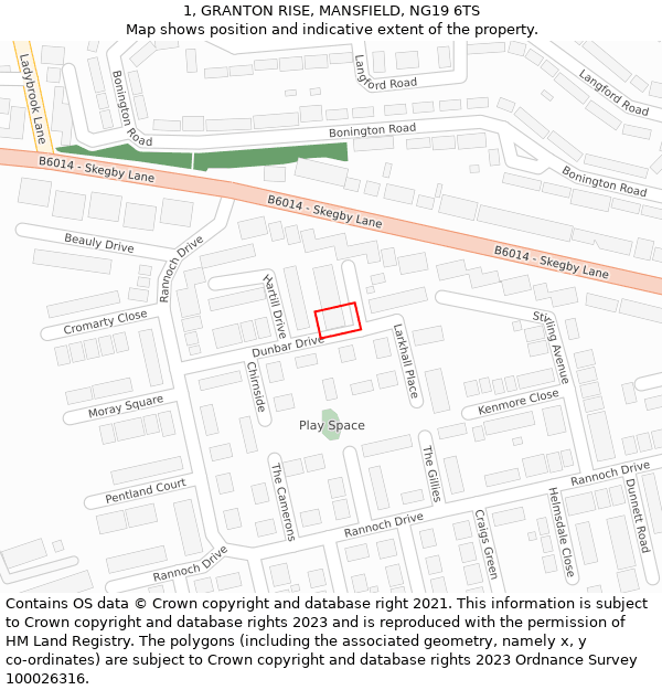 1, GRANTON RISE, MANSFIELD, NG19 6TS: Location map and indicative extent of plot