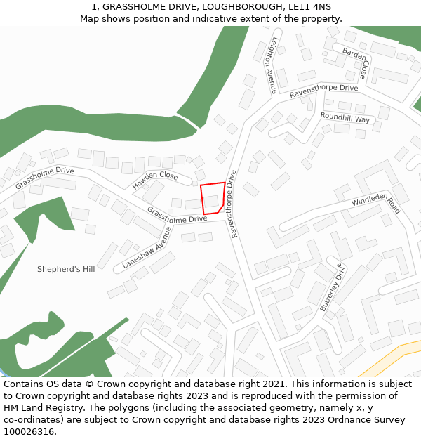 1, GRASSHOLME DRIVE, LOUGHBOROUGH, LE11 4NS: Location map and indicative extent of plot