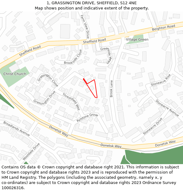 1, GRASSINGTON DRIVE, SHEFFIELD, S12 4NE: Location map and indicative extent of plot
