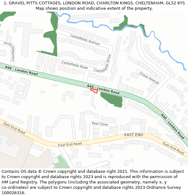 1, GRAVEL PITTS COTTAGES, LONDON ROAD, CHARLTON KINGS, CHELTENHAM, GL52 6YS: Location map and indicative extent of plot
