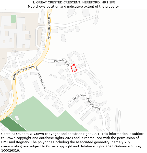 1, GREAT CRESTED CRESCENT, HEREFORD, HR1 1FG: Location map and indicative extent of plot