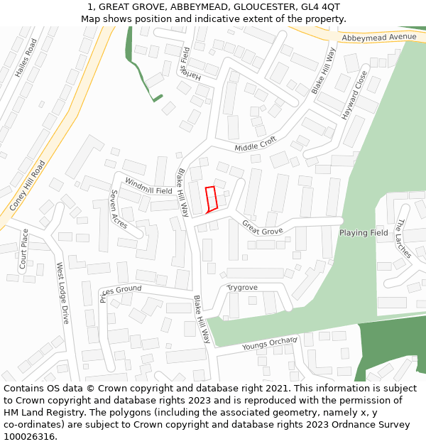 1, GREAT GROVE, ABBEYMEAD, GLOUCESTER, GL4 4QT: Location map and indicative extent of plot