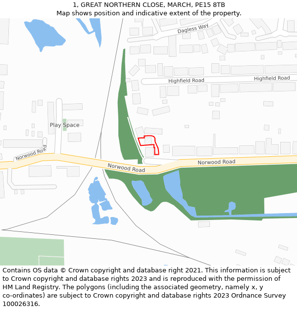 1, GREAT NORTHERN CLOSE, MARCH, PE15 8TB: Location map and indicative extent of plot