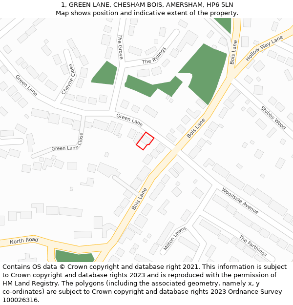 1, GREEN LANE, CHESHAM BOIS, AMERSHAM, HP6 5LN: Location map and indicative extent of plot