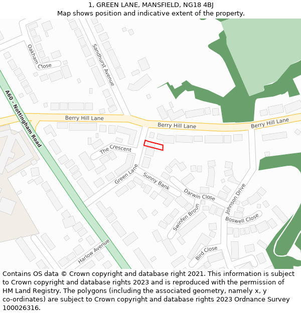 1, GREEN LANE, MANSFIELD, NG18 4BJ: Location map and indicative extent of plot