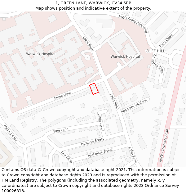 1, GREEN LANE, WARWICK, CV34 5BP: Location map and indicative extent of plot