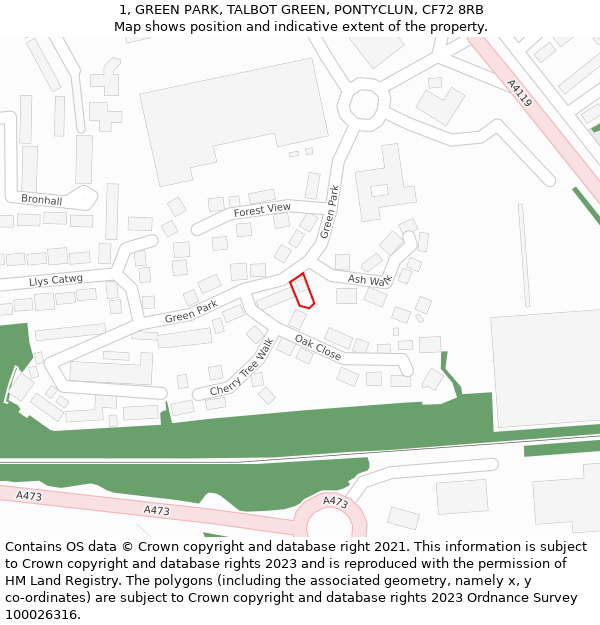 1, GREEN PARK, TALBOT GREEN, PONTYCLUN, CF72 8RB: Location map and indicative extent of plot