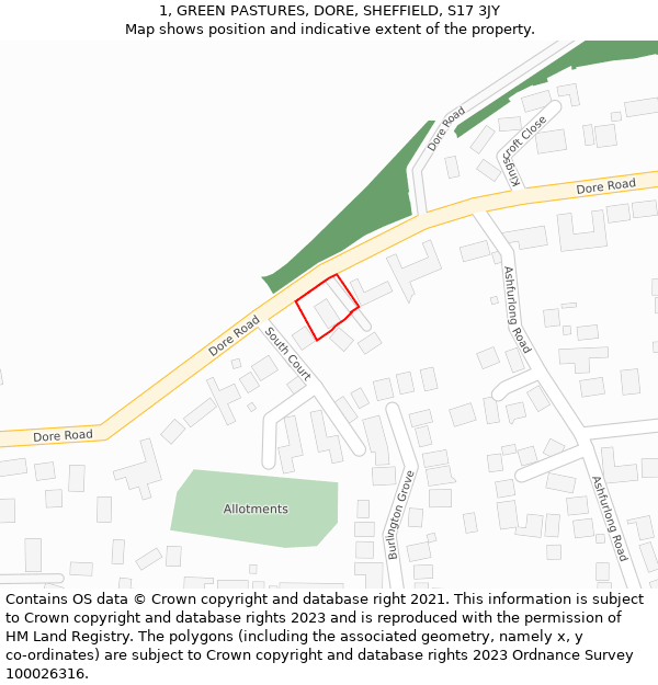 1, GREEN PASTURES, DORE, SHEFFIELD, S17 3JY: Location map and indicative extent of plot