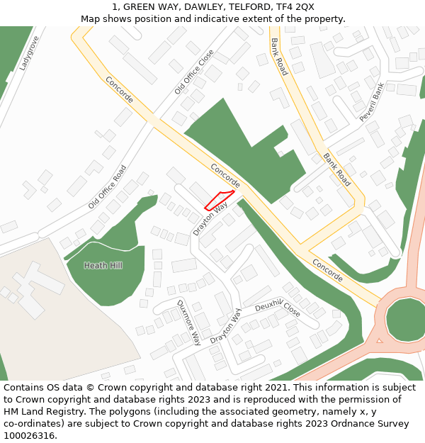 1, GREEN WAY, DAWLEY, TELFORD, TF4 2QX: Location map and indicative extent of plot