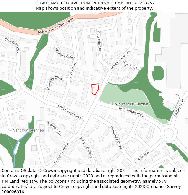 1, GREENACRE DRIVE, PONTPRENNAU, CARDIFF, CF23 8PA: Location map and indicative extent of plot