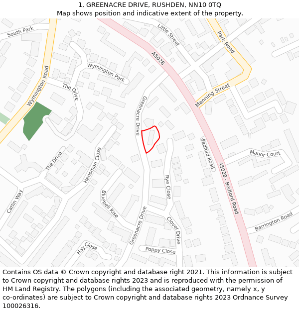 1, GREENACRE DRIVE, RUSHDEN, NN10 0TQ: Location map and indicative extent of plot