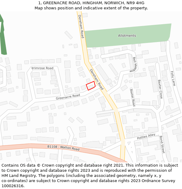 1, GREENACRE ROAD, HINGHAM, NORWICH, NR9 4HG: Location map and indicative extent of plot