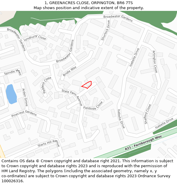 1, GREENACRES CLOSE, ORPINGTON, BR6 7TS: Location map and indicative extent of plot