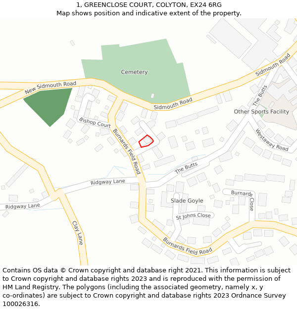 1, GREENCLOSE COURT, COLYTON, EX24 6RG: Location map and indicative extent of plot