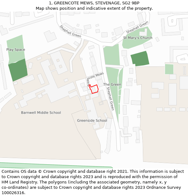 1, GREENCOTE MEWS, STEVENAGE, SG2 9BP: Location map and indicative extent of plot