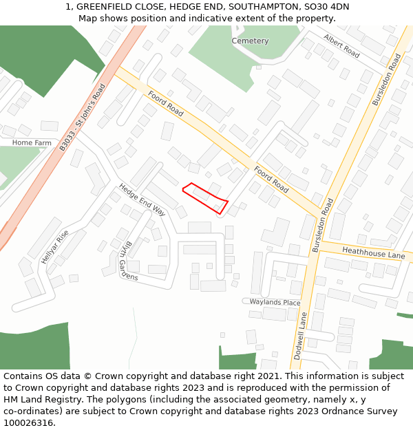 1, GREENFIELD CLOSE, HEDGE END, SOUTHAMPTON, SO30 4DN: Location map and indicative extent of plot