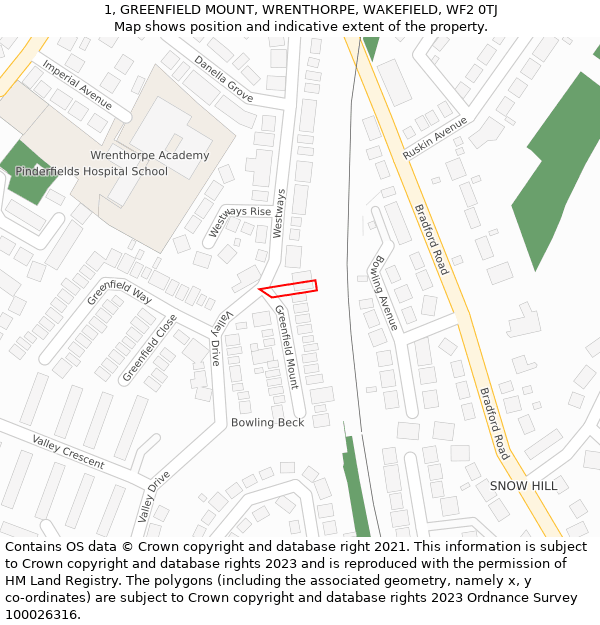 1, GREENFIELD MOUNT, WRENTHORPE, WAKEFIELD, WF2 0TJ: Location map and indicative extent of plot