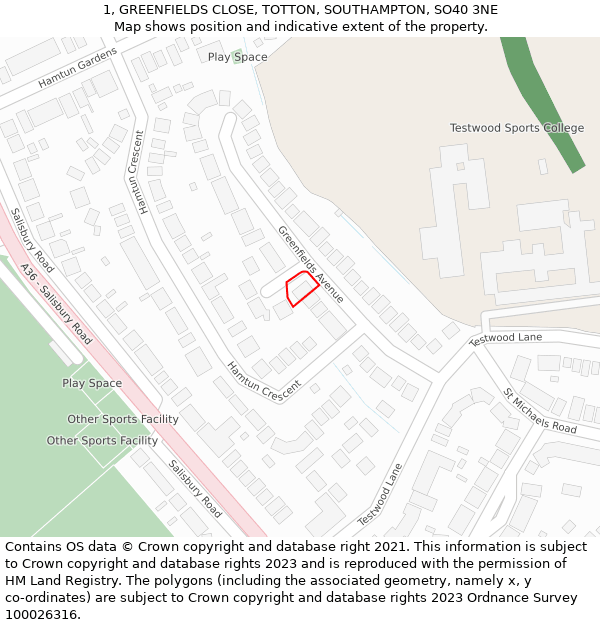 1, GREENFIELDS CLOSE, TOTTON, SOUTHAMPTON, SO40 3NE: Location map and indicative extent of plot