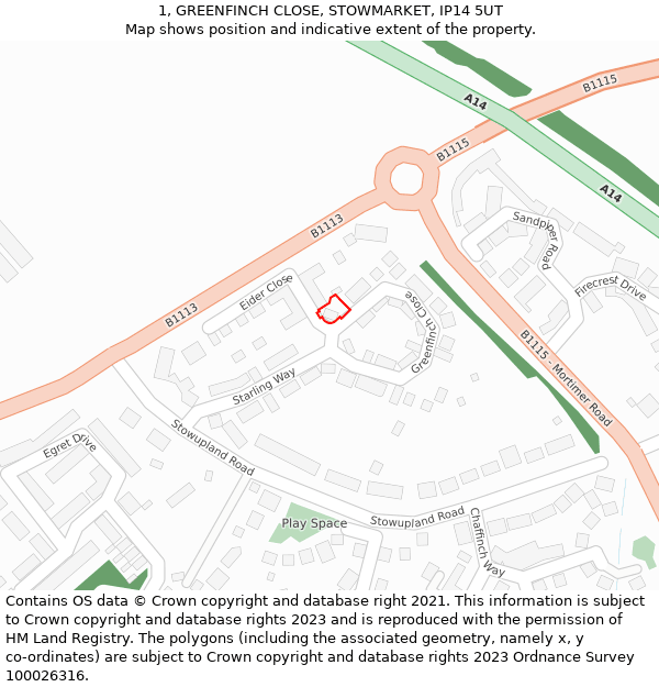 1, GREENFINCH CLOSE, STOWMARKET, IP14 5UT: Location map and indicative extent of plot