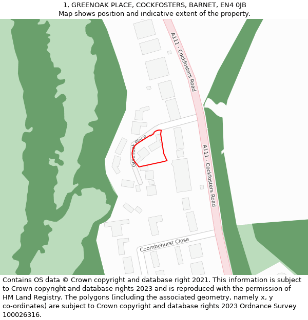 1, GREENOAK PLACE, COCKFOSTERS, BARNET, EN4 0JB: Location map and indicative extent of plot