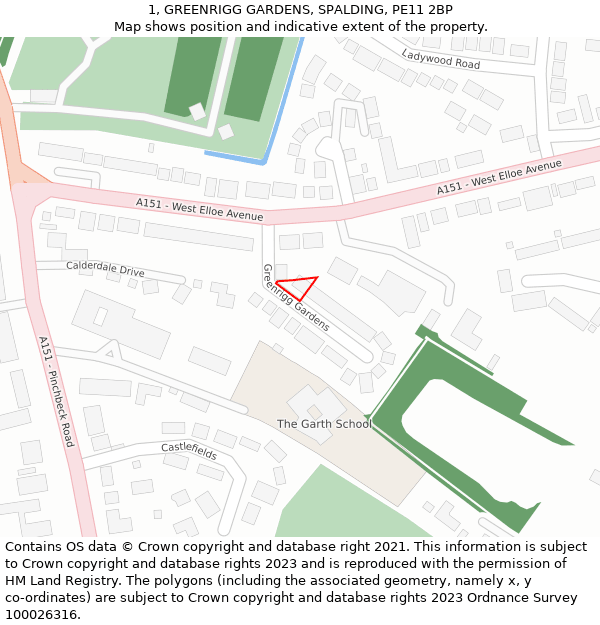 1, GREENRIGG GARDENS, SPALDING, PE11 2BP: Location map and indicative extent of plot