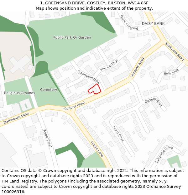 1, GREENSAND DRIVE, COSELEY, BILSTON, WV14 8SF: Location map and indicative extent of plot