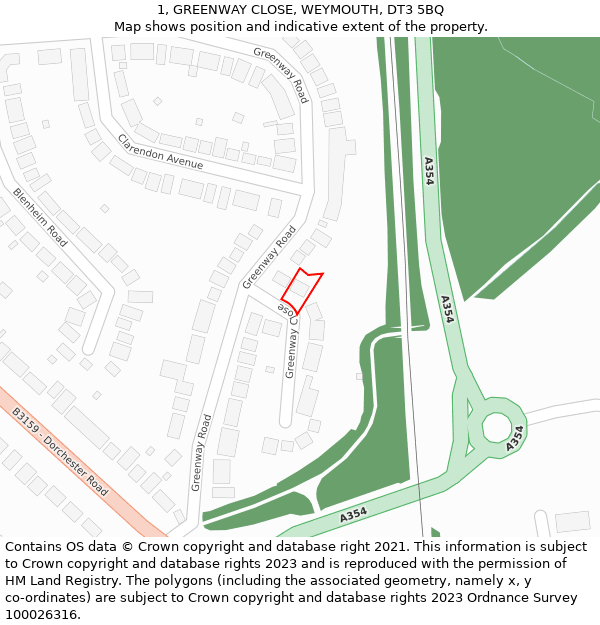1, GREENWAY CLOSE, WEYMOUTH, DT3 5BQ: Location map and indicative extent of plot