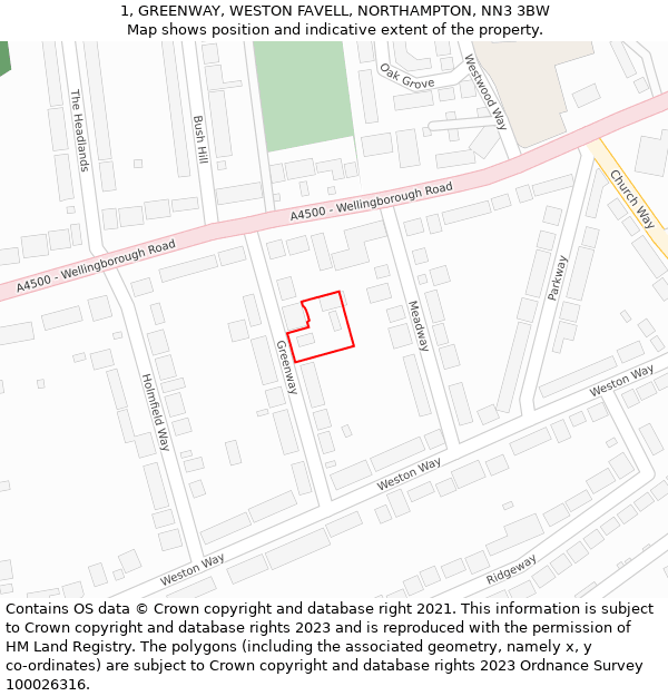 1, GREENWAY, WESTON FAVELL, NORTHAMPTON, NN3 3BW: Location map and indicative extent of plot