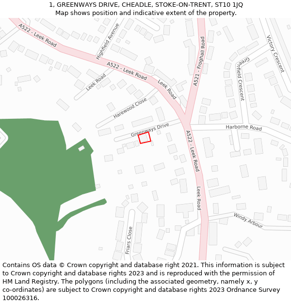 1, GREENWAYS DRIVE, CHEADLE, STOKE-ON-TRENT, ST10 1JQ: Location map and indicative extent of plot
