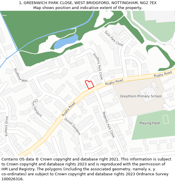 1, GREENWICH PARK CLOSE, WEST BRIDGFORD, NOTTINGHAM, NG2 7EX: Location map and indicative extent of plot