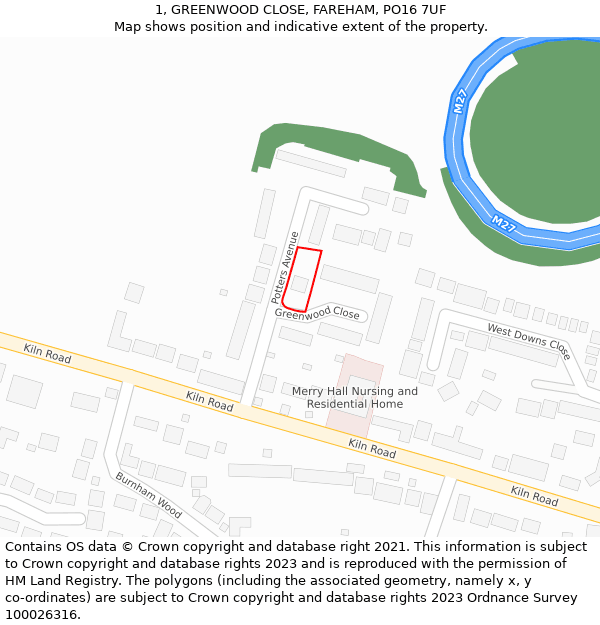 1, GREENWOOD CLOSE, FAREHAM, PO16 7UF: Location map and indicative extent of plot
