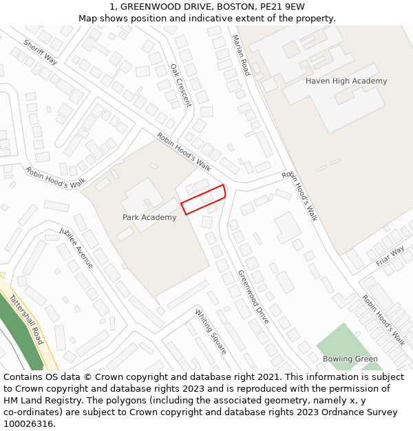 1, GREENWOOD DRIVE, BOSTON, PE21 9EW: Location map and indicative extent of plot
