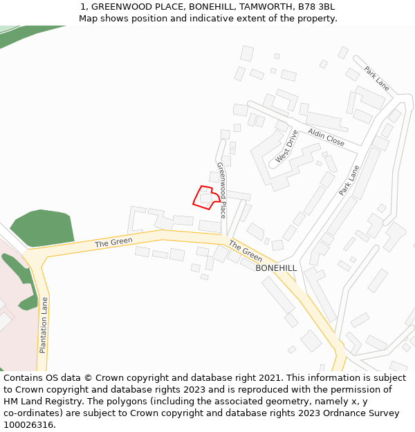 1, GREENWOOD PLACE, BONEHILL, TAMWORTH, B78 3BL: Location map and indicative extent of plot