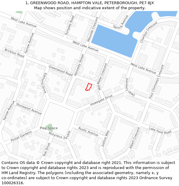 1, GREENWOOD ROAD, HAMPTON VALE, PETERBOROUGH, PE7 8JX: Location map and indicative extent of plot