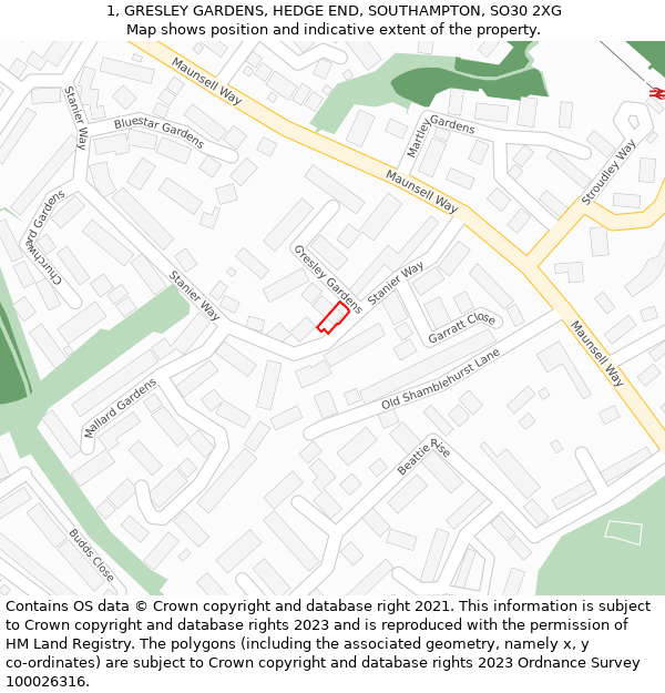 1, GRESLEY GARDENS, HEDGE END, SOUTHAMPTON, SO30 2XG: Location map and indicative extent of plot