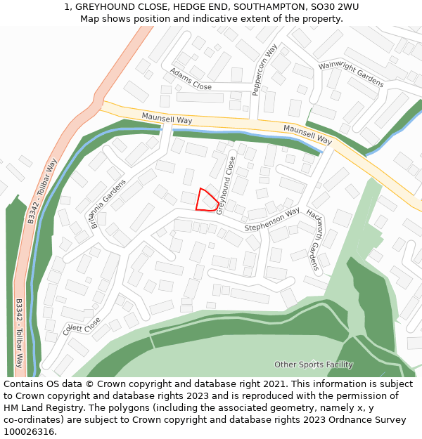 1, GREYHOUND CLOSE, HEDGE END, SOUTHAMPTON, SO30 2WU: Location map and indicative extent of plot