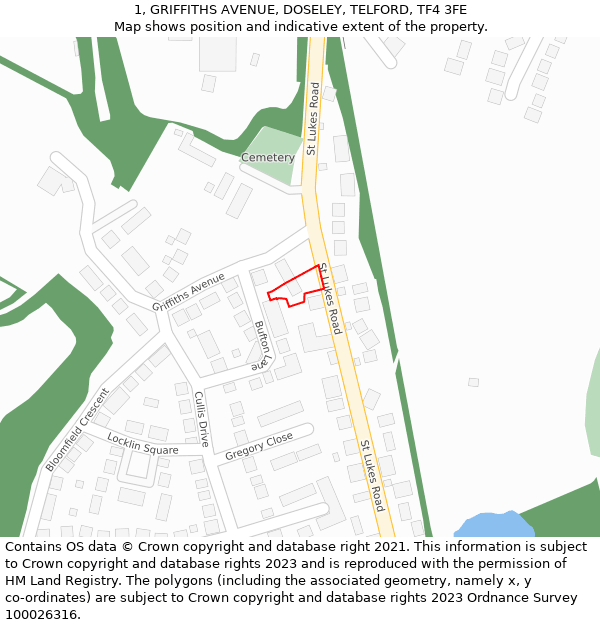 1, GRIFFITHS AVENUE, DOSELEY, TELFORD, TF4 3FE: Location map and indicative extent of plot