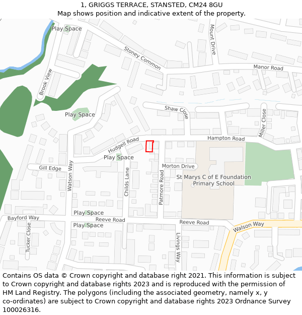 1, GRIGGS TERRACE, STANSTED, CM24 8GU: Location map and indicative extent of plot