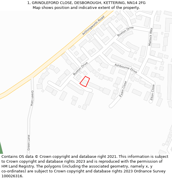 1, GRINDLEFORD CLOSE, DESBOROUGH, KETTERING, NN14 2FG: Location map and indicative extent of plot