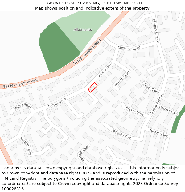 1, GROVE CLOSE, SCARNING, DEREHAM, NR19 2TE: Location map and indicative extent of plot