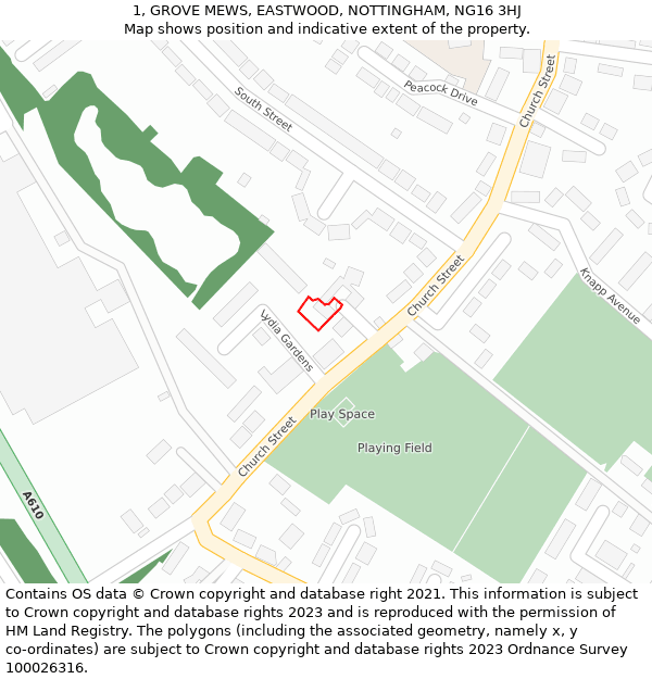 1, GROVE MEWS, EASTWOOD, NOTTINGHAM, NG16 3HJ: Location map and indicative extent of plot