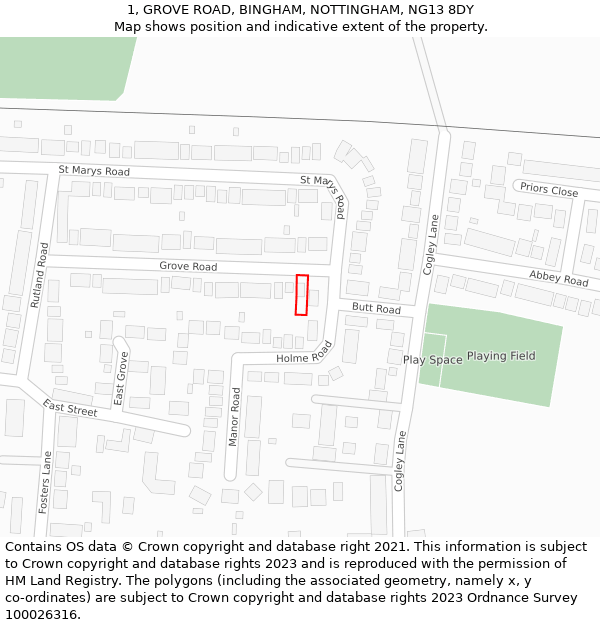 1, GROVE ROAD, BINGHAM, NOTTINGHAM, NG13 8DY: Location map and indicative extent of plot