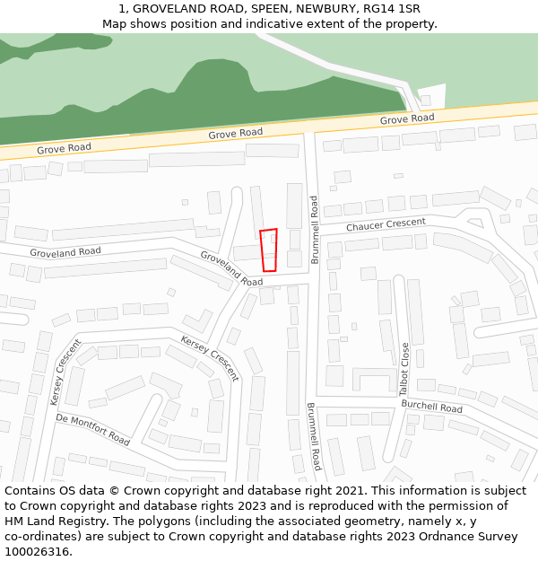 1, GROVELAND ROAD, SPEEN, NEWBURY, RG14 1SR: Location map and indicative extent of plot