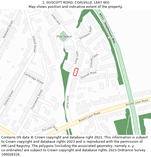1, GUSCOTT ROAD, COALVILLE, LE67 4EG: Location map and indicative extent of plot