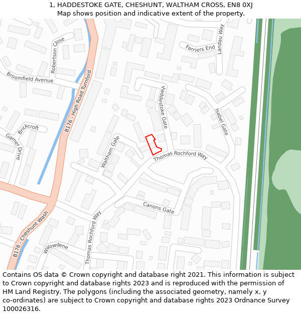 1, HADDESTOKE GATE, CHESHUNT, WALTHAM CROSS, EN8 0XJ: Location map and indicative extent of plot