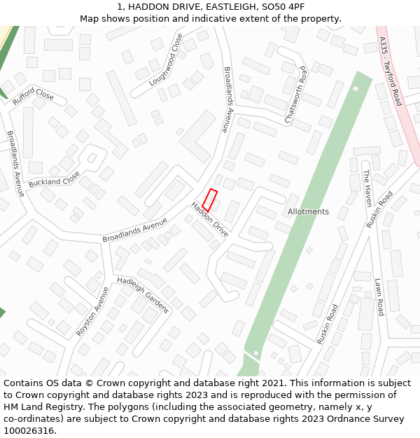 1, HADDON DRIVE, EASTLEIGH, SO50 4PF: Location map and indicative extent of plot