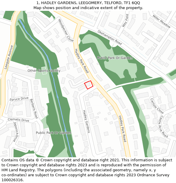 1, HADLEY GARDENS, LEEGOMERY, TELFORD, TF1 6QQ: Location map and indicative extent of plot