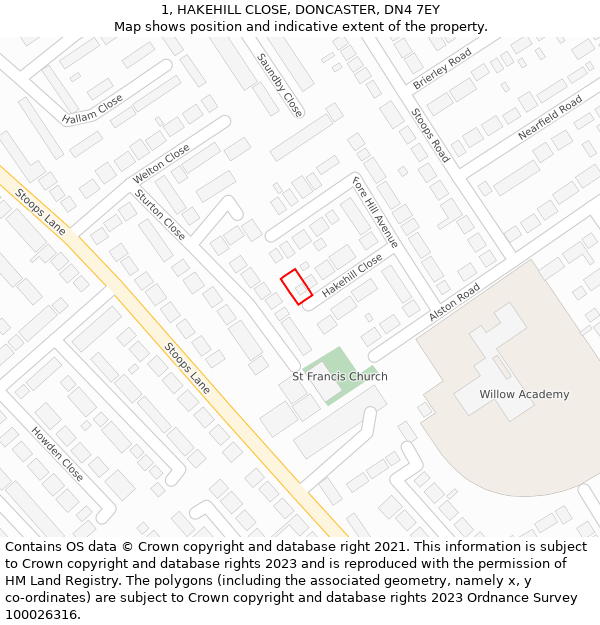 1, HAKEHILL CLOSE, DONCASTER, DN4 7EY: Location map and indicative extent of plot