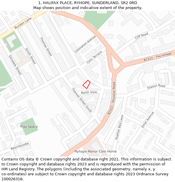 1, HALIFAX PLACE, RYHOPE, SUNDERLAND, SR2 0RD: Location map and indicative extent of plot